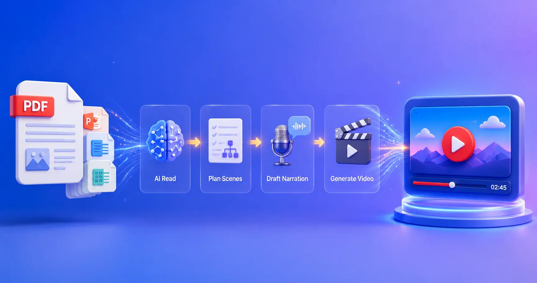 PDF to video AI workflow showing document analysis scene planning narration and video generation